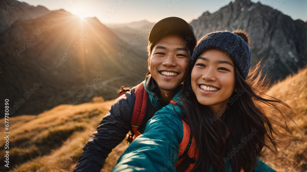 portrait of happy hiker couple taking selfie photo on top of mountain, Two Asian travelers with backpack smiling at camera together, Influential travel blogger streaming using smart mobile phone - obrazy, fototapety, plakaty 