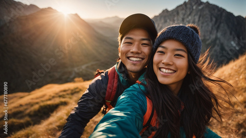 portrait of happy hiker couple taking selfie photo on top of mountain, Two Asian travelers with backpack smiling at camera together, Influential travel blogger streaming using smart mobile phone photo
