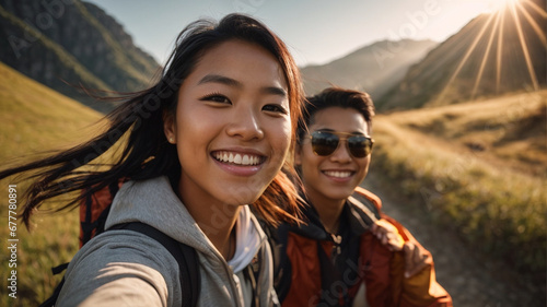 A cheerful couple of hikers taking selfies on the top of the mountain, Asian millennial boy and girl enjoying the day laughing together looking at camera. Travelers standing in the background of natur