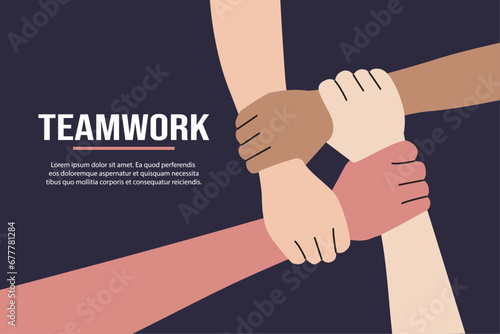 Connected hands strengthen teamwork, vector illustration.