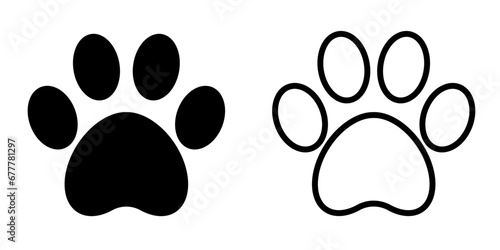 Black animal dog footprint paw	stamp, solid and outlined. Vector