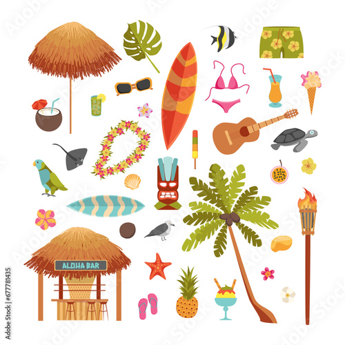 Cartoon Color Hawaiian Beach Party Icons Set Concept Flat Design Style Include of Cocktail, Palm, Bar and Surf Board. Vector illustration