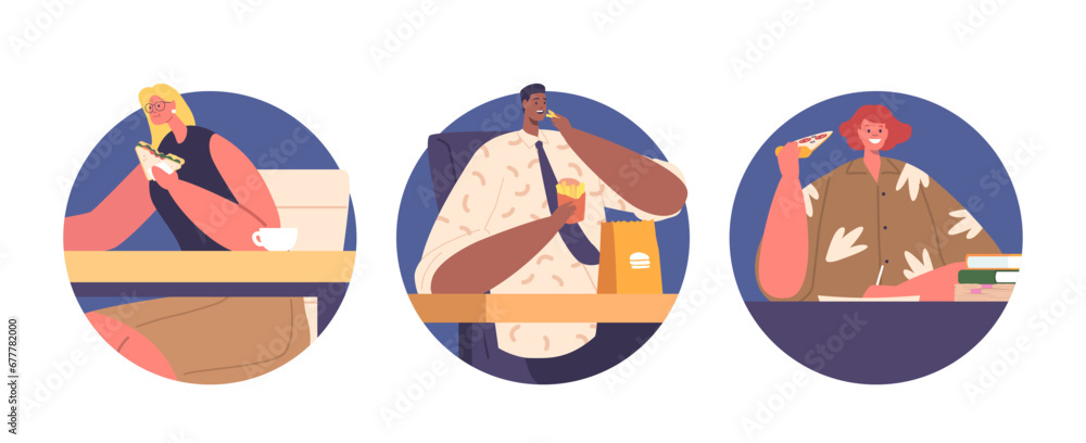 Isolated Round Icons Or Avatars Of Office Worker Characters Hurriedly Devours Lunch At Their Desks, Juggling Tasks