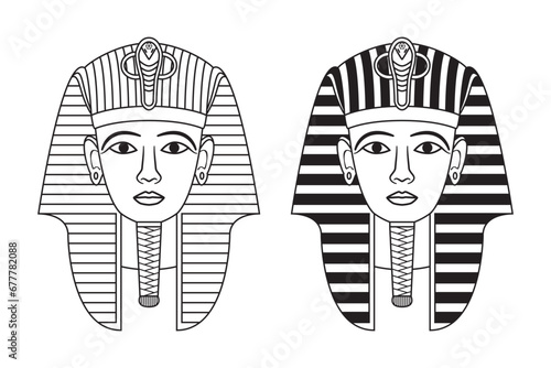 Line art vector of Ancient Egypt with pharaoh golden mask or head symbol drawing in black and white