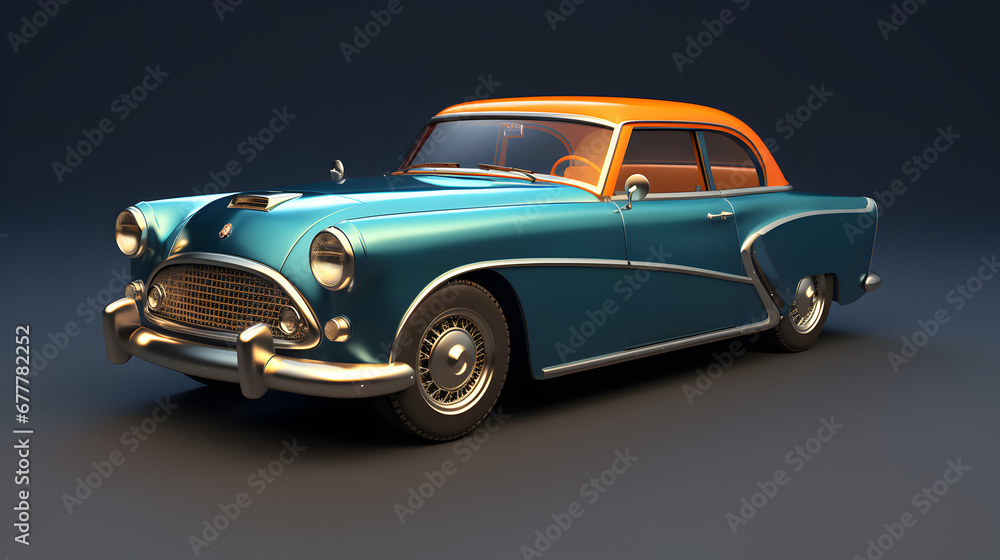 an antique blue car is featured on a dark background