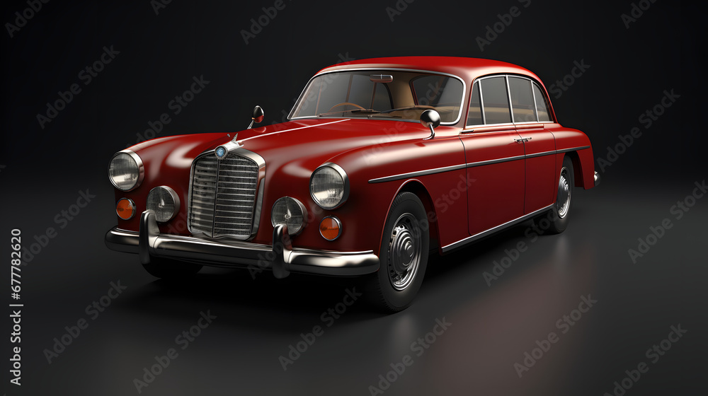 an antique red car is featured on a dark background
