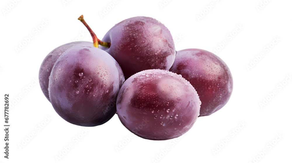 Plums on transparent background, plums on white background, fruit commercial photography