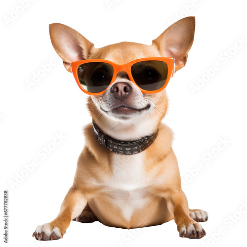 Chihuahua dog wearing cool sunglasses for summer travel on transparent background PNG