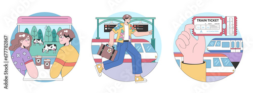 Train trip set. Characters traveling by train. Passengers with luggage getting on train. Railway travel and tourism. Flat vector illustration