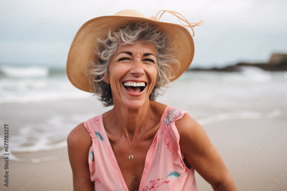 Happy mature woman at the beach. middle-aged woman, older woman Stock