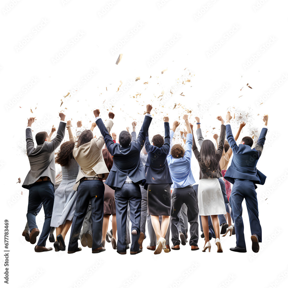 Rear view of a group of businessmen raising their hands to celebrate the upcoming festival on a transparent background. PNG - obrazy, fototapety, plakaty 
