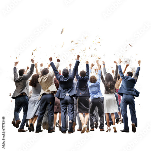 Rear view of a group of businessmen raising their hands to celebrate the upcoming festival on a transparent background. PNG photo