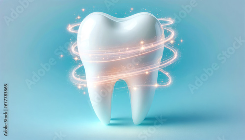White tooth with swirling light effects creating an aura of cleanliness and health, set against a blue background photo