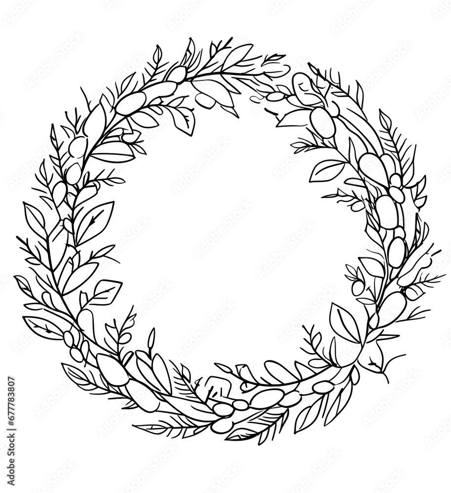 a wreath in black and white made from flowers and leaves on white background a wreath in black and white made from flowers and leaves on white background
