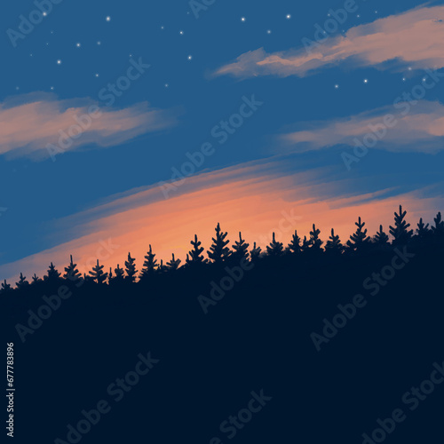 A dramatic night sky with the glow of the sun. Coniferous forest silhouette against the background of clouds. Beautiful fantastic landscape. Art illustration
