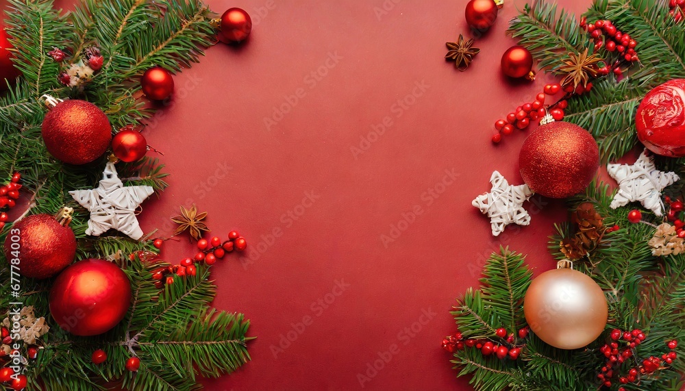 Navidad alegre. Bordes navideños con elementos festivos, confeti, ramas de abeto sobre fondo rojo y brillante. Espacio vacío en el centro. Bolas de Navidad Navidad alegre. Bordes navideños con elementos festivos, confeti, ramas de abeto sobre fondo rojo y brillante. Espacio vacío en el centro. Bolas de Navidad