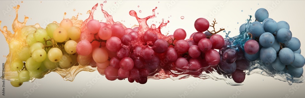Multi-colored grapes with flowing juice. Concept: Rich color and dynamic paint movement create a feeling of freshness and energy. Grape juice. Banner with place for text