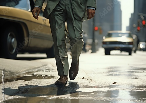 Un hombre de negocios andando por la calle, escena de los años 70