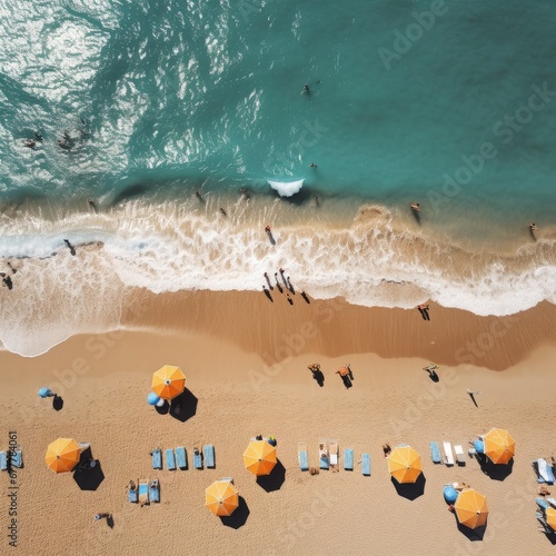 Vista aerea de una playa con bañistas y sombrillas photo
