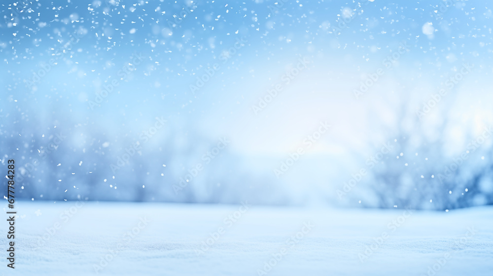 Fototapeta premium A Winter scene captured at eye level, featuring a wide shot of a snow-covered landscape with delicate snowflakes falling gently, ideal for winter-themed backgrounds.