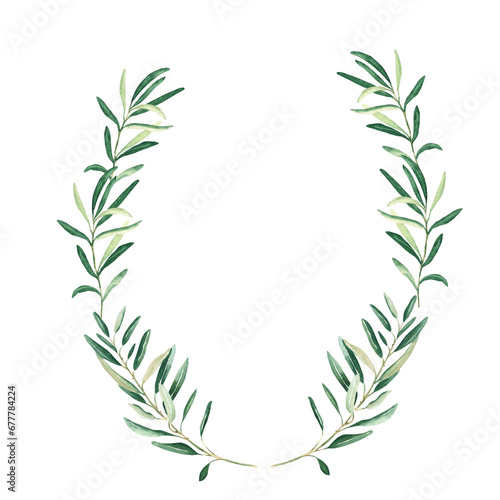 Watercolor oval olive wreath. Isolated on white background. Hand drawn botanical illustration. For cards, logos and cosmetic design.