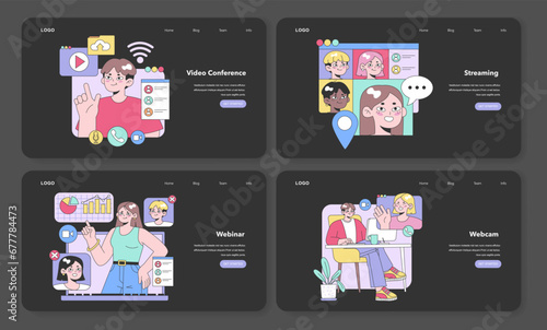 Digital Communication set. Engaging with remote teams through video conference, streaming diverse reactions, dynamic webinars, and personal webcam chats. Flat vector illustration.