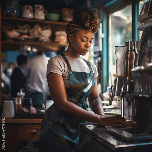 Female African American Barista preparing a coffee.
