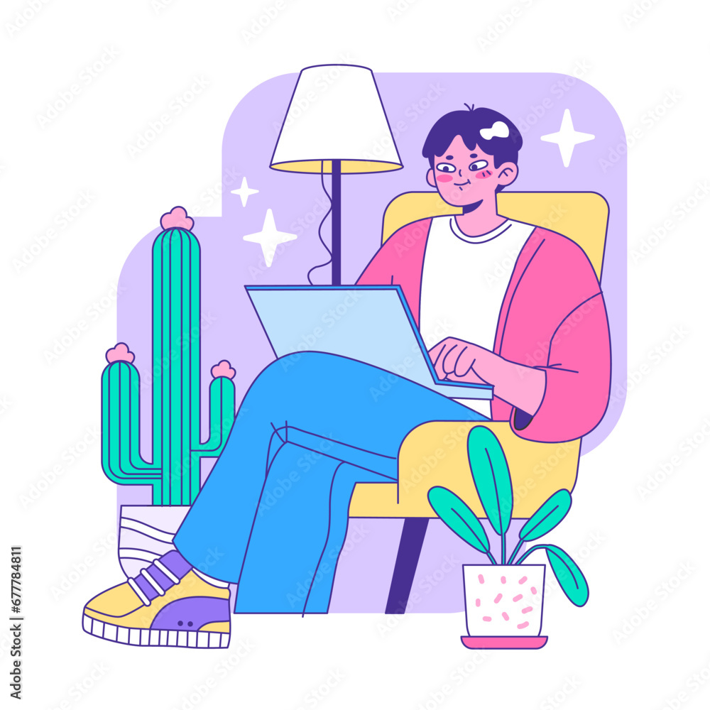 Obraz premium Relaxed young man enjoying a serene evening, working on his laptop amidst a cozy ambiance, surrounded by starry decor and indoor plants. Flat vector illustration.