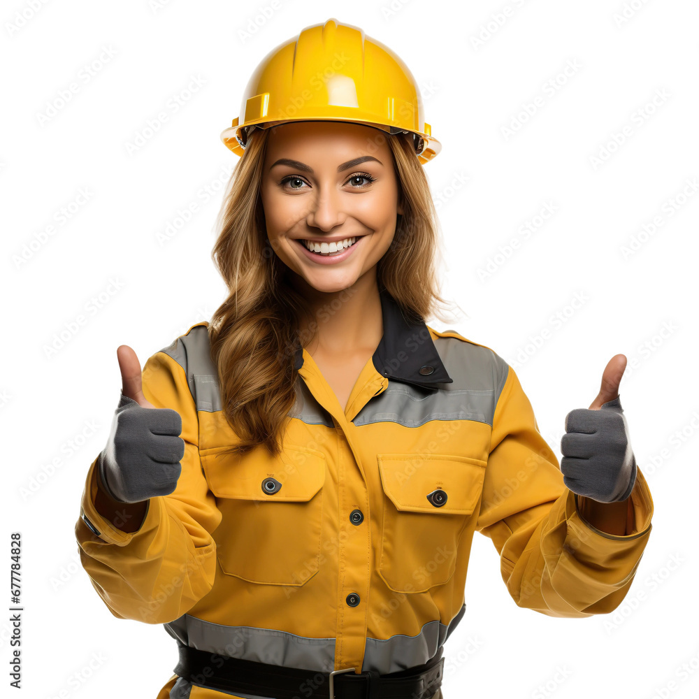 Female engineer with thumbs up, isolated on white or transparent background. AI Generated. Female engineer with thumbs up, isolated on white or transparent background. AI Generated.