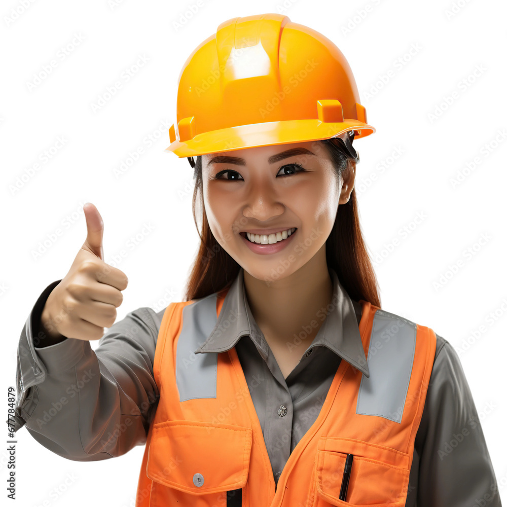 Asian female engineer with thumbs up, isolated on white or transparent background. AI Generated. Asian female engineer with thumbs up, isolated on white or transparent background. AI Generated.