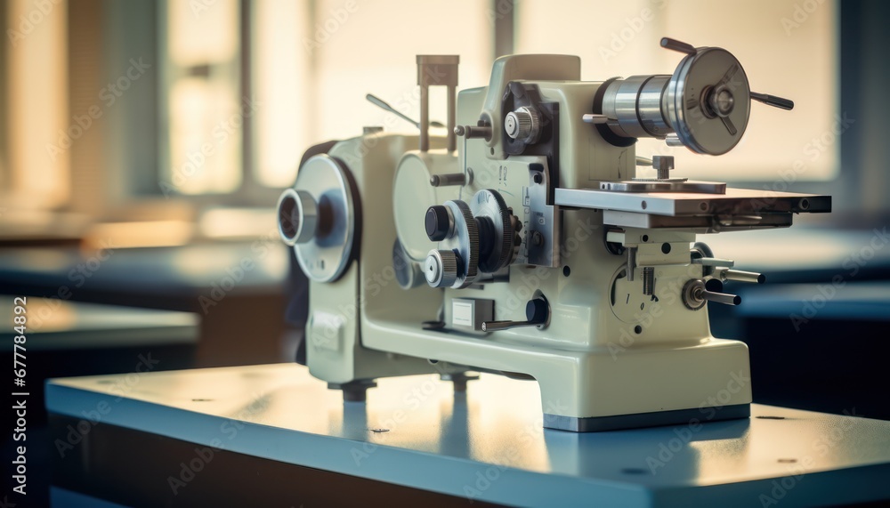 Fototapeta premium The Seamstress's Tool: A Vintage Sewing Machine Resting Gracefully on a Wooden Table