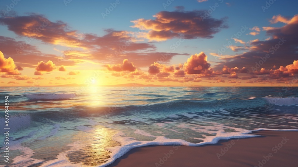 A breathtaking sunrise over a calm ocean, with the horizon blending seamlessly into the sky, and gentle waves lapping at a sandy beach.