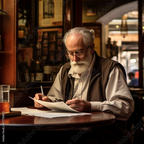 Restaurant owner reading some invoices or documents.