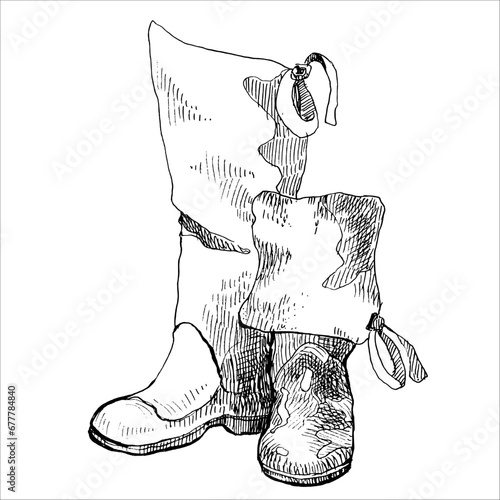 Graphic long rubber fisherman shoes. Vector illustration. Fishing concept. Sketch design element isolated on white. Galoshes, gumboots ink pen freehand drawing