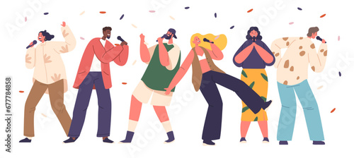 Enthusiastic Male And Female Characters Gather In A Lit Room, Taking Turns On The Karaoke Stage, Vector Illustration