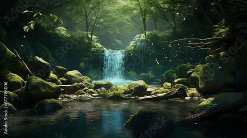 A detailed image of a small, secluded waterfall hidden in a dense forest, creating a private oasis of peace and natural beauty.