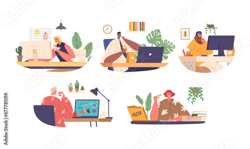 Office Workers Absorbed In Work, Nibbles On Sandwiches, Fast Food and Drinks At Their Cluttered Desk, Juggling Tasks