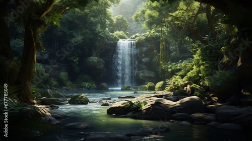 A detailed image of a small  secluded waterfall hidden in a dense forest  creating a private oasis of peace and natural beauty.