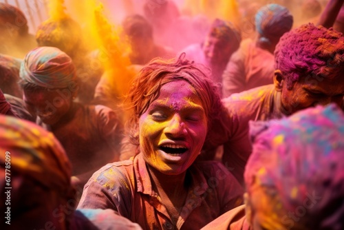 Happy Indian woman covered in color in the crowd at the Holi festival