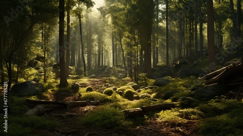 A high-resolution image of an ancient, dense forest at midday, sunlight filtering through the canopy, creating dappled patterns on the forest floor.