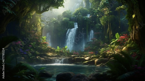 A lush rainforest scene, featuring a waterfall cascading into a crystal-clear pool, surrounded by vibrant green foliage and exotic flowers.