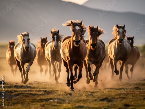 a herd of horses runs across the field against the background of mountains