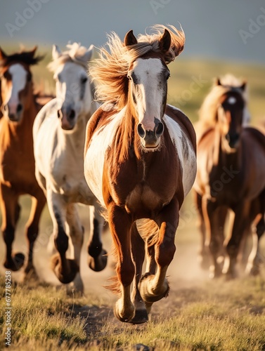 herd of horses runs across the field