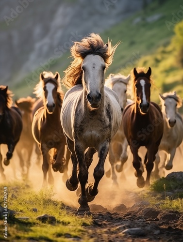 herd of horses runs across the field © Е К