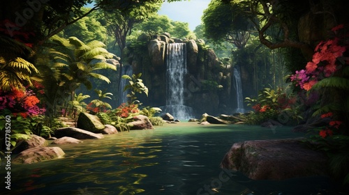 A lush rainforest scene, featuring a waterfall cascading into a crystal-clear pool, surrounded by vibrant green foliage and exotic flowers.