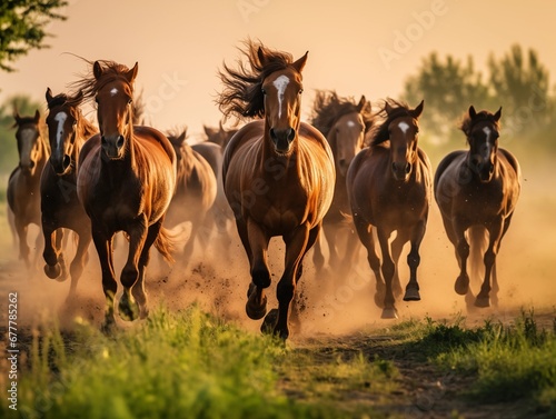 herd of horses runs across the field