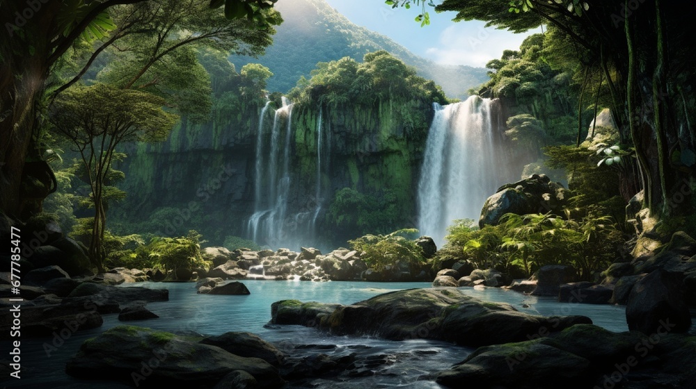 A panoramic view of a cascading waterfall in a tropical rainforest, the surrounding foliage vibrant and lush, accentuating the water's purity.