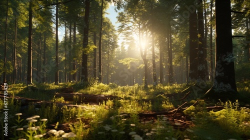 A panoramic daytime view of a vast forest with towering old-growth trees, the sun casting long shadows and highlighting the diverse undergrowth.