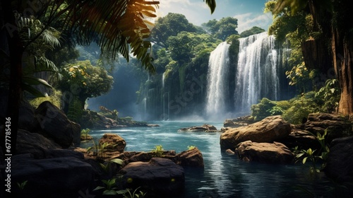 A panoramic view of a cascading waterfall in a tropical rainforest, the surrounding foliage vibrant and lush, accentuating the water's purity.