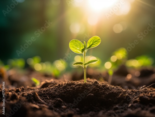 green sprout against the background of sunlight and green nature, macro, blurred background, the origin of life